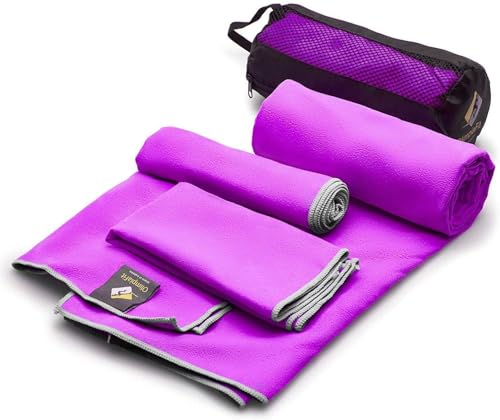 OlimpiaFit Quick Dry Towel - 3 Size Pack of Lightweight Microfiber Travel Towels w/Bag - Fast Drying Towel Set for Camping, Beach, Gym, Backpacking, Sports, Yoga & Swim Use - color: Purple (3 Size Set)