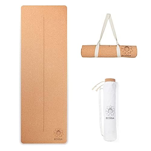 정렬 표시가 있는 프리미엄 코르크 요가 매트 - 5mm 두께 미끄럼 방지 핫 요가 매트 - 친환경 무독성 - 스트랩과 가방 포함