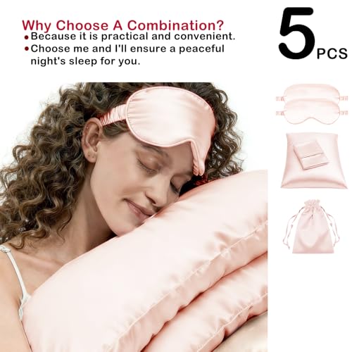 5Pcs Silky Sleep Mask Eye Masks Breathable Soft Satin Pillowcases Set for Sleeping Similar to Silk Pillowcase Travel Gift - color: Pale Blush-queen Size