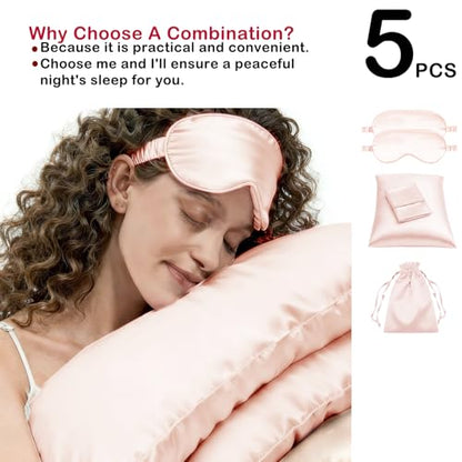 5Pcs Silky Sleep Mask Eye Masks Breathable Soft Satin Pillowcases Set for Sleeping Similar to Silk Pillowcase Travel Gift - color: Pale Blush-queen Size
