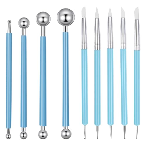 9 Pcs Dotting Tools, Polymer Clay Tools Silicone Sculpting Tool, Double-Ended Ceramic Clay Ball Stylus Dot Painting Tool for Rock, Nail, Drawing, Modeling, Embossing Art
