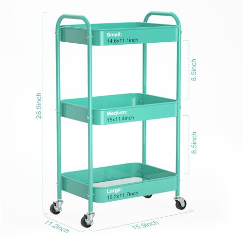 3-Tier Rolling Cart, Metal Utility Storage Carts with Wheels,Blue | Multi-Functional Organizer Easy Assembly Snack Cart - color: Blue