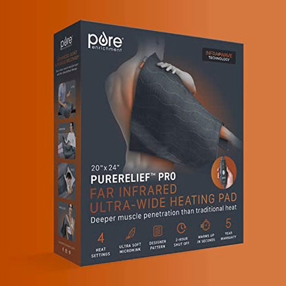 Pure Enrichment PureRelief Pro Far Infrared Ultra-Wide Heating Pad - Muscle Relief for Back, Neck, Shoulder, & Knee Pain in Athletes, 4 Heat Settings, Dry/Moist Heat, 20” x 24” Wide Size (Iron Gray) - size: 20” x 24”