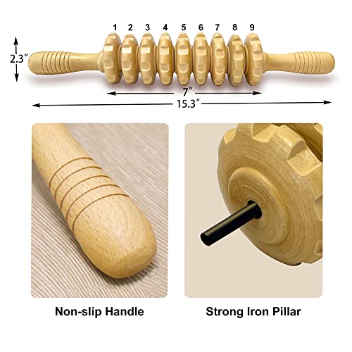 2Pcs Wood Massage Roller Stick for Muscle Relief & Cellulite Reduction | Body Sculpting, 9-Wheel Massager for Legs, Wooden Therapy Massage Tools for Trigger Points Relief, Sore Muscle Recovery - color: Wood+coffee