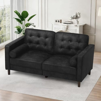 67" Suede Leather 2 Seater Sofa with Two Bolster Pillows, Black - color: Black, size: 67" Loveseat