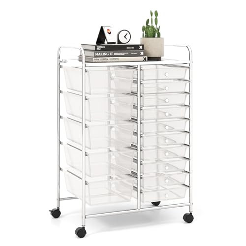 15 Drawer Rolling Storage Cart, Rolling Cart with Drawers for Classroom, Art Supply Craft Organizer on Wheel with Metal Frame & Handles for Home Office School - color: Clear, size: 15 Drawer