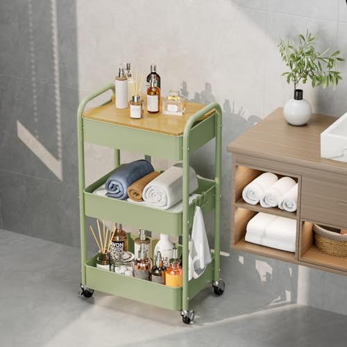 3 Tier Rolling Cart with Table top, Metal Rolling Utility Cart, Sturdy Storage Organizer Cart with Locking Wheels & Hooks for Office, Classroom, Kitchen and Bathroom - color: Green