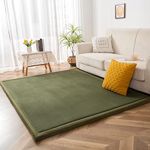 MAXYOYO Coral Velvet Area Rug, Thick Japanese Tatami Mat Living Room Carpet with Non-Slip Backing, Large Solid Color Mat for Bedroom Dormitory Yoga, Olive Green, 59"x 78" - color: Olive Green, size: 59"x 78"
