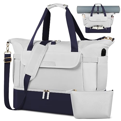 Gym Bag for Women, Sports Travel Duffel Bag with USB Charging Port, Weekender Overnight Bag with Wet Pocket and Shoes Compartment, Carry On Tote Bag Gym Yoga Duffel Bag for Men Women - color: Bluegrey