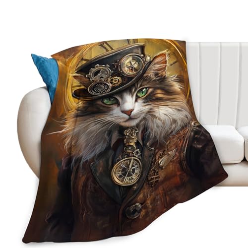 Cat Blanket, Steampunk Throw Blanket, Cats Gifts, Steampunk Blankets, Cats Stuff Fleece Flannel Plush for Women Men Boys Girls Lovers Adults Soft Bedding for Sofa Bed Office Home Decor 40"X50" - color: Steampunk Cat, size: 50"x40"