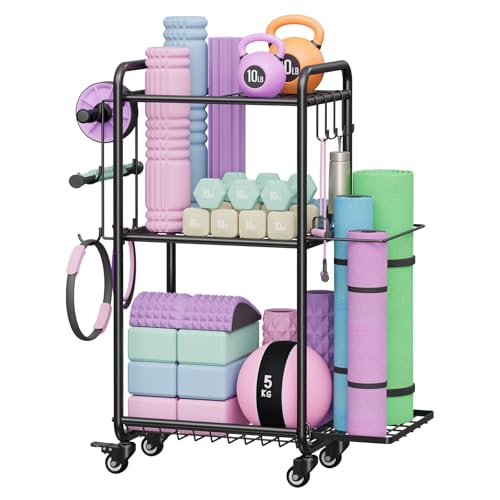 Multi-Functional Home Gym Storage Rack with Wheels and Hooks - color: Black