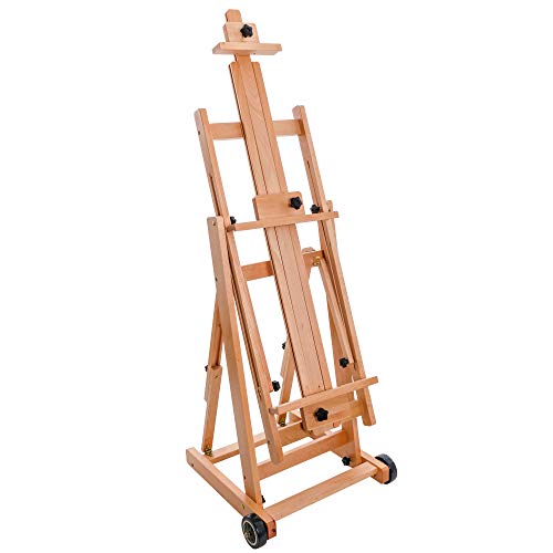 U.S. Art Supply Master Multi-Function Studio Artist Wooden Floor Easel | Large Heavy Duty Adjustable H-Frame, Tilts Flat, Mast Adjusts to 97" High, Beechwood Painting Canvas Holder Stand with Wheels