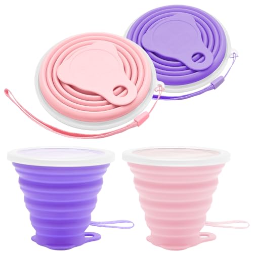 Litoexpe 2 Pack Silica gel Collapsible Travel Cup 270ml, Pink & Purple | with Lids, Portable Folding Camping Cup, for Camping and Travel - color: Pink & Purple