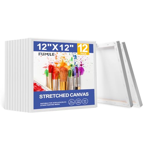 FUMILE Stretched Canvas for Painting 12x12, 12 Pack Square Canvases for Painting-5/8 in Profile Primed White Blank Painting Canvas Value Pack for Oil & Acrylic Paint - size: 12x12 in