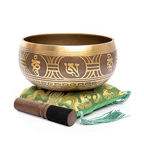 Tibetan Singing Bowl Set - Easy To Play Authentic Handcrafted For Meditation Sound Bowl Chakra Yoga Healing 4 Inches By Himalayan Bazaar (Gold & Green) - color: Gold - Green