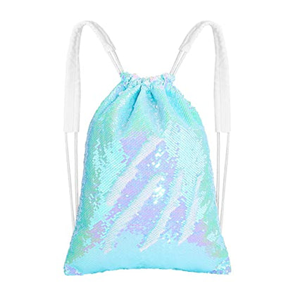 MHJY Sparkly Reversible Sequin Drawstring Backpack for Sports Gym Beach | Sparkly Reversible Sequin Mermaid Backpack With Creative DIY, Featuring Inside Pocket & Drawstring For Dance Swim - color: Mermaid Pale Blue