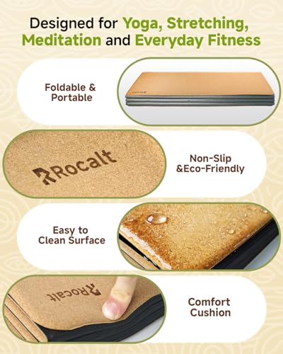 Rocalt Foldable Cork Yoga Mat, Non Slip Travel Pilates Workout Mat | 69" x 24" x 0.25", accordion-fold design, POE backing, carry strap for yoga, stretching and travel