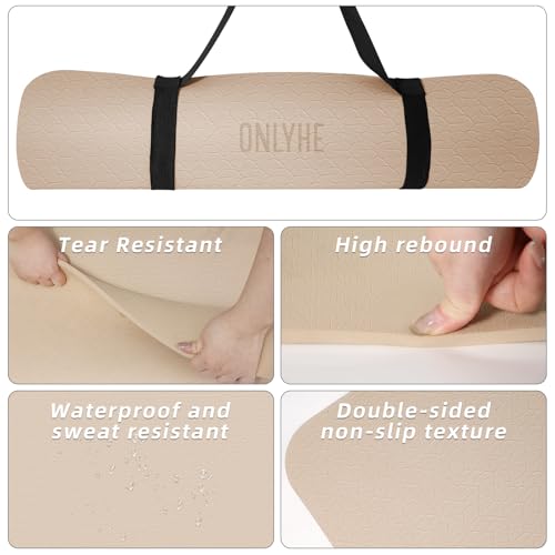 Yoga Mat Extra thick 8mm Exercise mat, Soft Lightweight TPE Fitness Mat with strap, High Elasticity, Anti-fatigue,non-slip mat for Women, Yoga, Camping, Travel, Gym & Outdoor | 72"L x 0.32"Th - color: Milk coffee