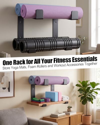 Yoga Mat Wall Mount Rack, Adjustable Steel Storage Holder w Protective Pad | Wall Mounted, Adjustable Hooks, Steel Construction, Felt Protection, Foam Roller Storage, Easy Install