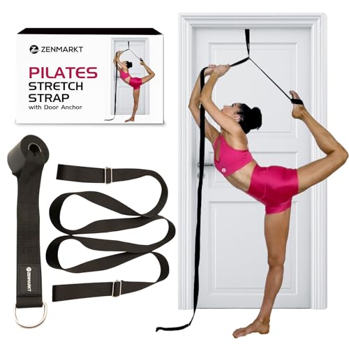 Pilates Stretching Strap with Door Anchor for Flexibility Training | Improve Leg Flexibility, Core Stability and Posture Alignment - Ideal for Pilates, Stretching, Mobility and Home Workouts - color: Black