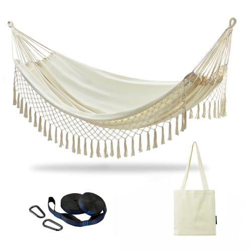 Brazilian Double Hammock with Tassels, King Size, 500 lb Capacity - color: Natural White With Tassels, size: XX-Large