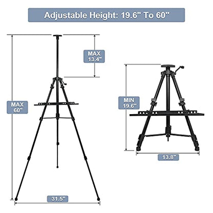 Easel Stand, 20" to 61" Adjustable Artist Easel for Adults, Aluminum Tripod Canvas Stand with Tray, Portable Painting Easel for Tabletop & Floor Displaying, Black