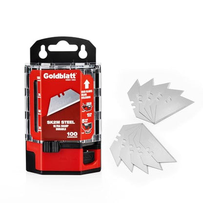 Goldblatt 100-Pack Utility Blades with Tempered SK2M Steel | Double-honed Edges Deliver Lasting Sharpness for Cutting Cardboard, Leather, Linoleum, Rope, and More, Dispenser Included