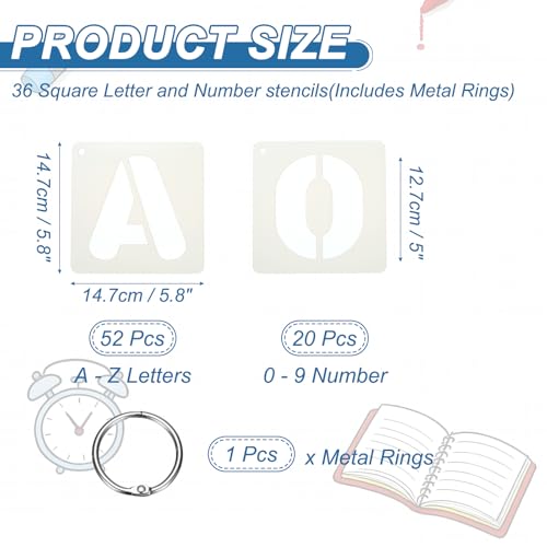 PATIKIL 2 Set 5" Letter Number Stencils, 36Pcs Square Reusable Letter and Number Stencil Templates for Painting on Wall Wood Fabric Signage, Uppercase Letter Style - size: 5"