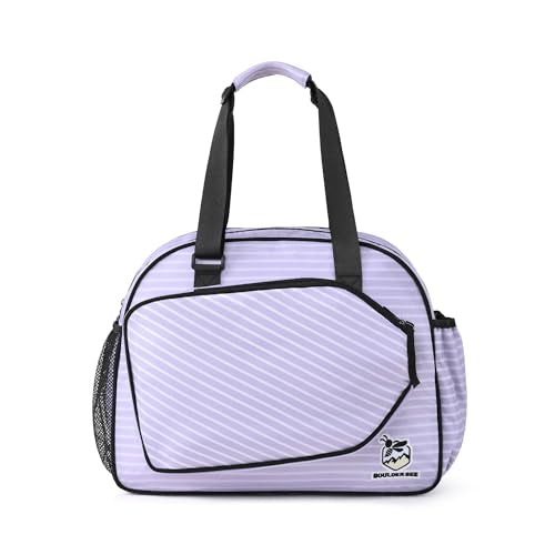 Boulder Bee Pickleball Tote Bag for Women with Paddle Holder | Fits 2 paddles. 2 side pockets for water bottle. Lightweight. Vintage floral patterns. Perfect gym & court bag. - color: Purple stripe