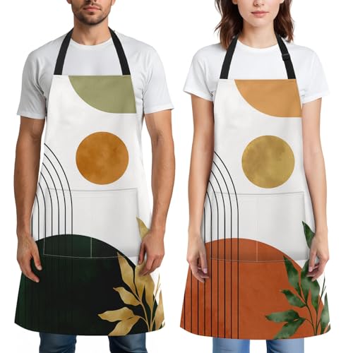 Apron with Pockets, 32x28 inch, 2 Pack, Orange Green | Boho Sun Mid Century Adjustable Bib with Pockets for Women Men Couple Lovers Chef Home Baking Gardening - color: Orange Green