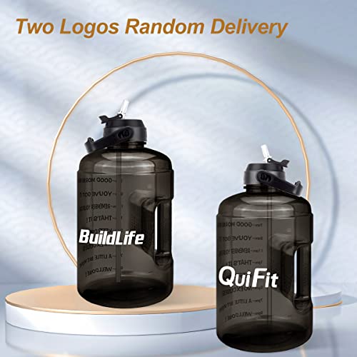 QuiFit 1 Gallon Water Bottle - with Straw & Motivational Time Marker Leak-Proof BPA Free Reusable Gym Sports Outdoor Large(128OZ/73OZ) Capacity Water Jug - color: QFA9 Black, size: 128 Ounces