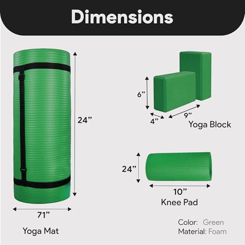 BalanceFrom 71x24 Inches Yoga Mat with Knee Pad and Optional Blocks – Extra 1-Inch Thick Non-Slip Foam with Anti-Tear Surface and Carrying Strap for Home, Studio, or Gym Workouts - color: Green, style: Mat & Knee Pad & Yoga Blocks