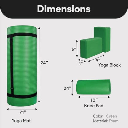 BalanceFrom 71x24 Inches Yoga Mat with Knee Pad and Optional Blocks – Extra 1-Inch Thick Non-Slip Foam with Anti-Tear Surface and Carrying Strap for Home, Studio, or Gym Workouts - color: Green, style: Mat & Knee Pad & Yoga Blocks