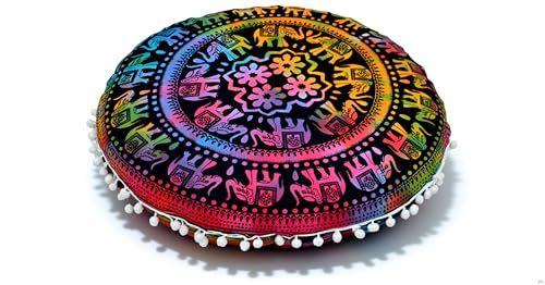 CRAFT KALA 32" Round Mandala Boho Pillow Cover Meditation India Room Seating Poufs Cover for Living Room Yoga Home Décor Bedroom Balcony Garden Decoration Cotton Floor Cushion Cover Multi U.P Elephant - color: Multi U.p Elephant, size: 32"