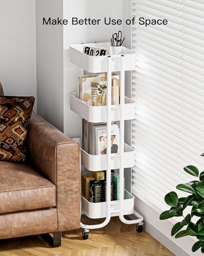 Pipishell 4 Tier Metal Rolling Utility Cart with 2 Lockable Wheels, White | 360° Rotating Wheel, Heavy-Duty Steel, Sturdy Dual Columns, Ventilated Mesh, Hold 22 lbs per Shelf, for Kitchen & Living Room - color: White, size: 4 Tier