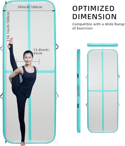 Inflatable Gymnastics Tumbling Mat, 4/8 Inch Thick 10/13/16/20/23FT Training Mat with Electric Air Pump, Non-Slip Waterproof PVC for Home Gym Outdoor Cheerleading Yoga Taekwondo - color: Mint Green, size: 13ft*3.3ft*4in(4*1*0.1M)
