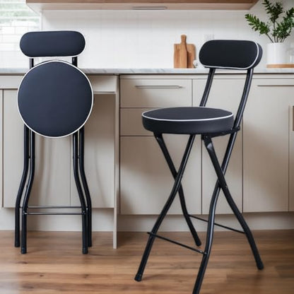UWEAR 1 PCS Folding Bar Stool with Back, Tall Foldable Stool Seat Padded Portable Stools Counter Height Foldable Stools Chairs Collapsible Stool for Adults Kitchen Island (Black) - color: Black
