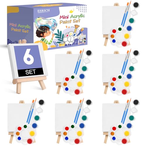 ESRICH 6 Set Mini Acrylic Paint Kit, Mini Stretched Canvas with Easel | Acrylic Paint Strips, Paint Palettes, Painting Brushes, Mini Canvas and Easel Set for Kids Artists Beginner, Gift