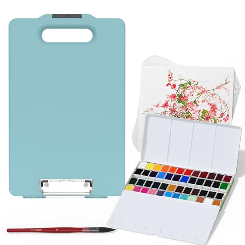 Travel Watercolor Paint Set, Watercolor Set Includes 48 Colors Solid Watercolors + 7.5x7.5 inch 50% Cotton Watercolor Paper(20 Sheets) + 1 Watercolor Brush + Green Handheld Organizer - color: 48 Colors, style: Green Handheld Organizer