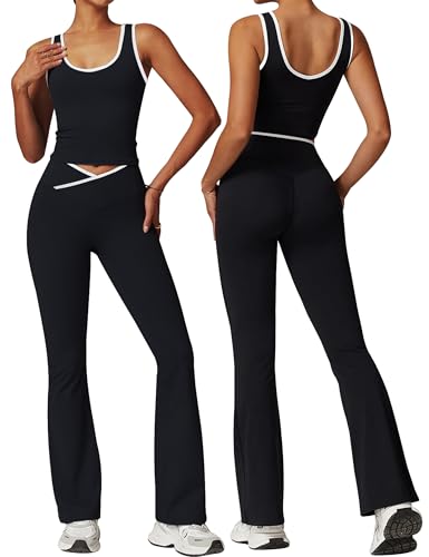 Womens Workout Sets 2 Piece Flare Leggings Contrast Top - color: Black, size: X-Small