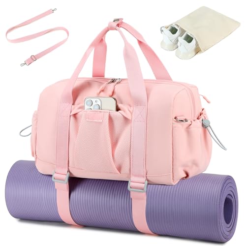 LEDAOU Small Gym Bag for Women, Mini Duffle Bag with Yoga Mat Holder Lightweight Carry On Sports Bag with Separate Shoe Pocket and Wet Pocket Duffel Bags Dance Yoga Workout Bag (Pink) - color: Pink, size: Mini-14"
