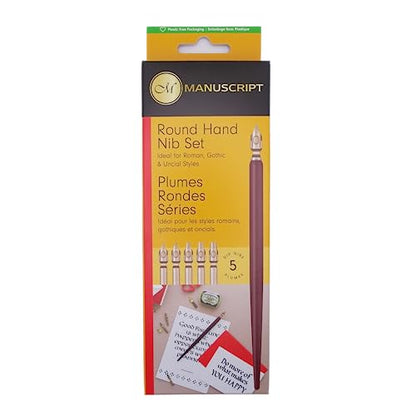 MANUSCRIPT Dip Pen Round Hand Nib Set, 5 Nibs, Mahogany Holder