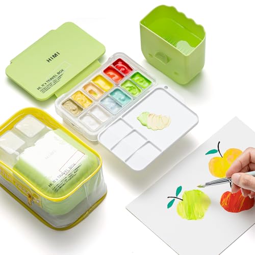 HIMI Travel Box Gouache Set – Holds up to 12 Colors, Mixing Palette, Brush Washer Bucket with Built-in Cleaning Grooves, Unique Portable Carry Bag for Artists & Beginners