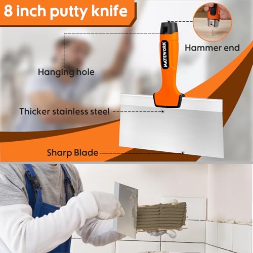 Matework 8 Inch Spackle Knife Tools, Putty Knife Scraper, Ergonomic Grip Tapping Knife with Hammer End for Drywall Work - color: 8 Inch