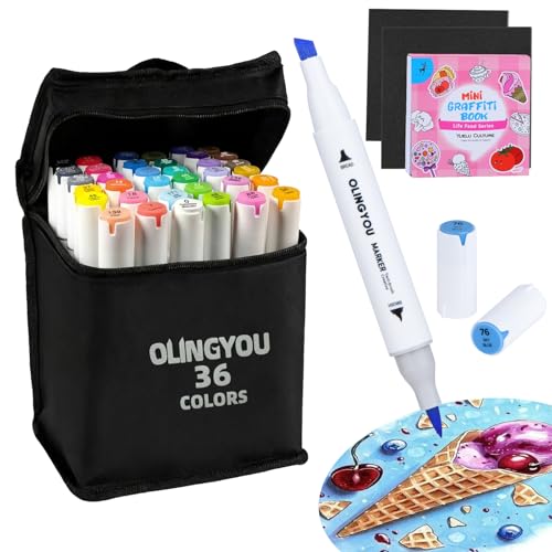 OLINGYOU 36 Colors brush tip alcohol markers,Art Marker Set | For Coloring Books, Rock, Glass, Wood, Arts & Crafts Gift, Classroom Must Haves & School Supplies - color: 36PCS