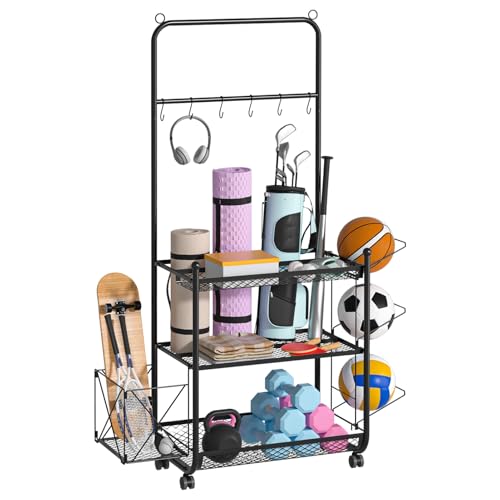 Dumbbell Rack Stand, Yoga Mat Storage Rack, Home Gym Storage Weight Rack for Kettlebells Foam Roller, Sports Equipment Organizer with Hooks and Wheels