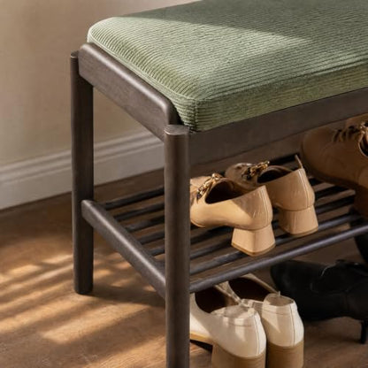 Black Wood Shoe Bench, 24 Inch Entryway Bench with Green Cushion - color: Black + Green Cushion, size: 23.62"