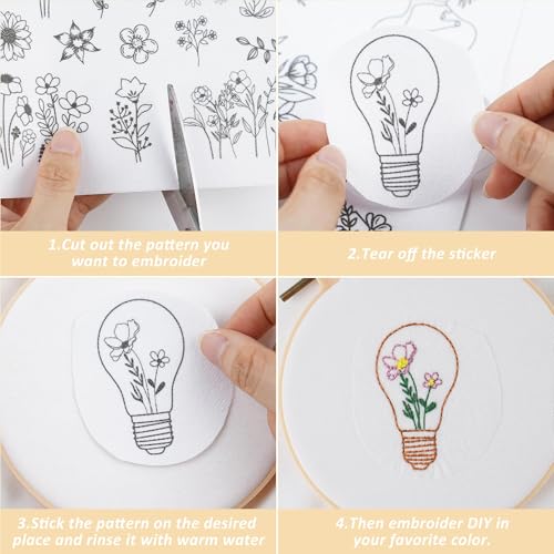 Water Soluble Stabilizer Embroidery Pattern - Flower Stick & Stitch Embroidery Paper Wash Away, Floral Frame Hand Sewing Embroider Patterns for Jean Bag T-Shirt (6 Sheets)