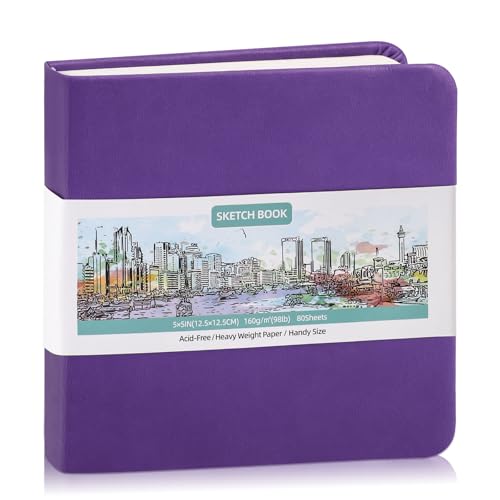 5" × 5" Hardcover Small Sketchbook, 80 Sheets, 160gsm Tiny Notebook, Purple | Acid-Free Heavy Paper, Elastic Closure, Ribbon Bookmark, Travel Size, for Pencil, Ink & Markers - color: Violet