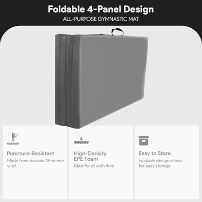 BalanceFrom 10x4 Feet 4-Panel Folding Gymnastics Mat – 2-Inch Thick Pad with Vinyl Surface and Carrying Handles for Tumbling, Yoga, Pilates, Home Workouts, and Martial Arts - color: Gray